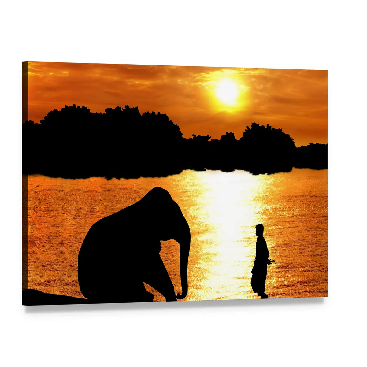 Elephant and Trainer at Sunset Canvas Wall Art, single panel gallery wrapped canvas, angled product view