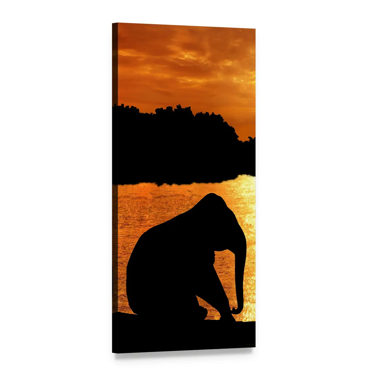 Elephant Silhouette at Golden Sunset Vertical Canvas Wall Art, 1 panel 1 Vertical layout gallery wrapped canvas set, angled product view