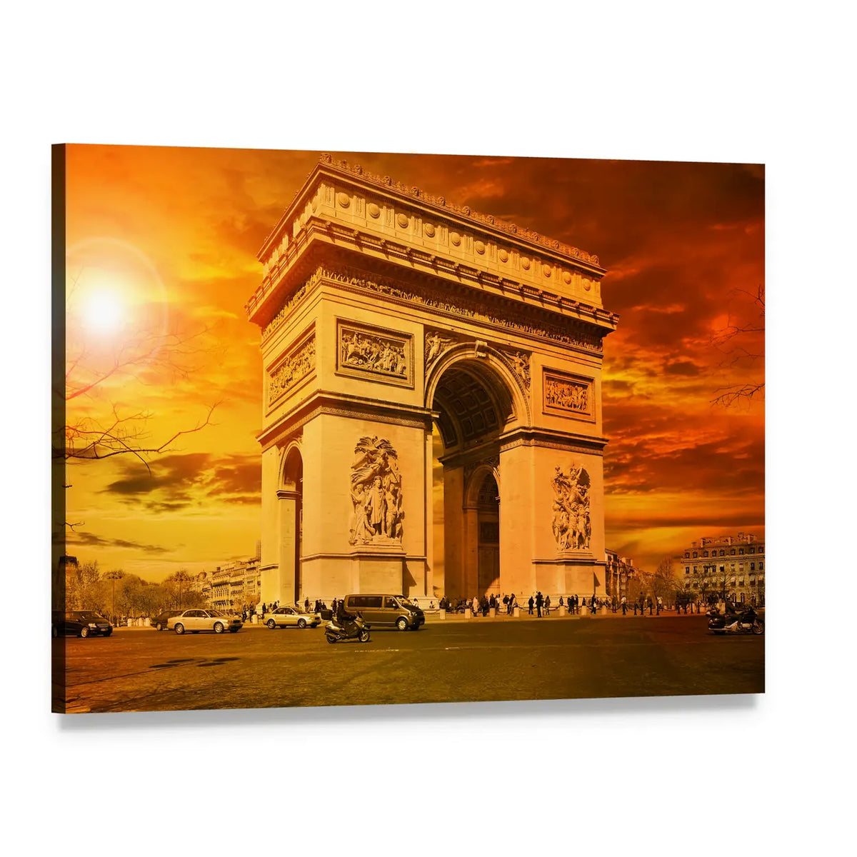Arc De Triomphe at Golden Sunset Canvas Wall Art, single panel gallery wrapped canvas, angled product view