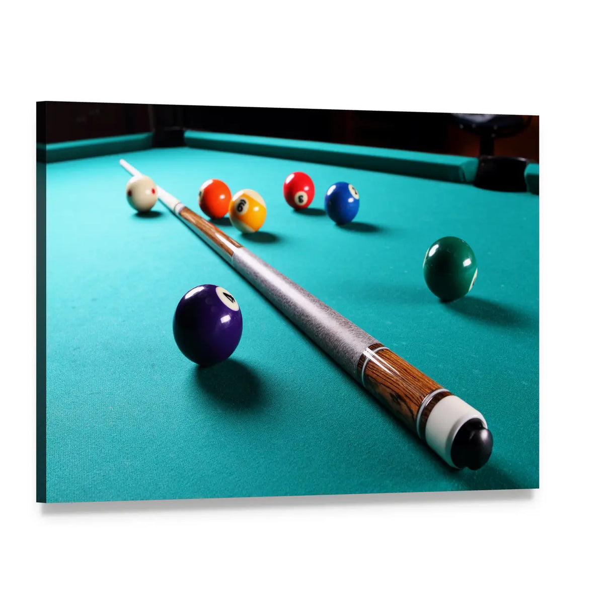 Pool Table with Diagonal Cue and Balls Canvas Wall Art, single panel gallery wrapped canvas, angled product view