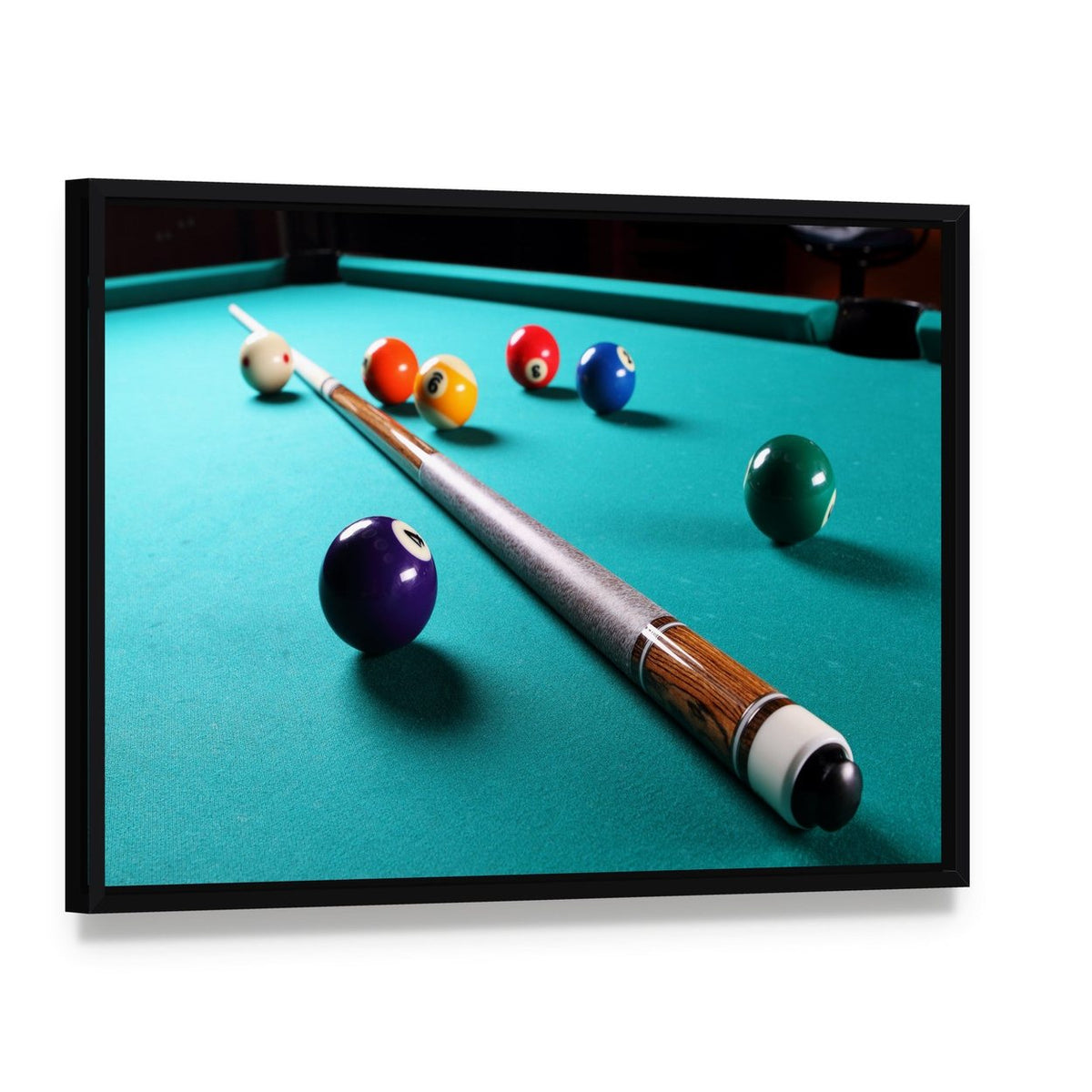 Billiard Table with Equipment Canvas Wall Art, framed canvas in a black floater frame, angled product view