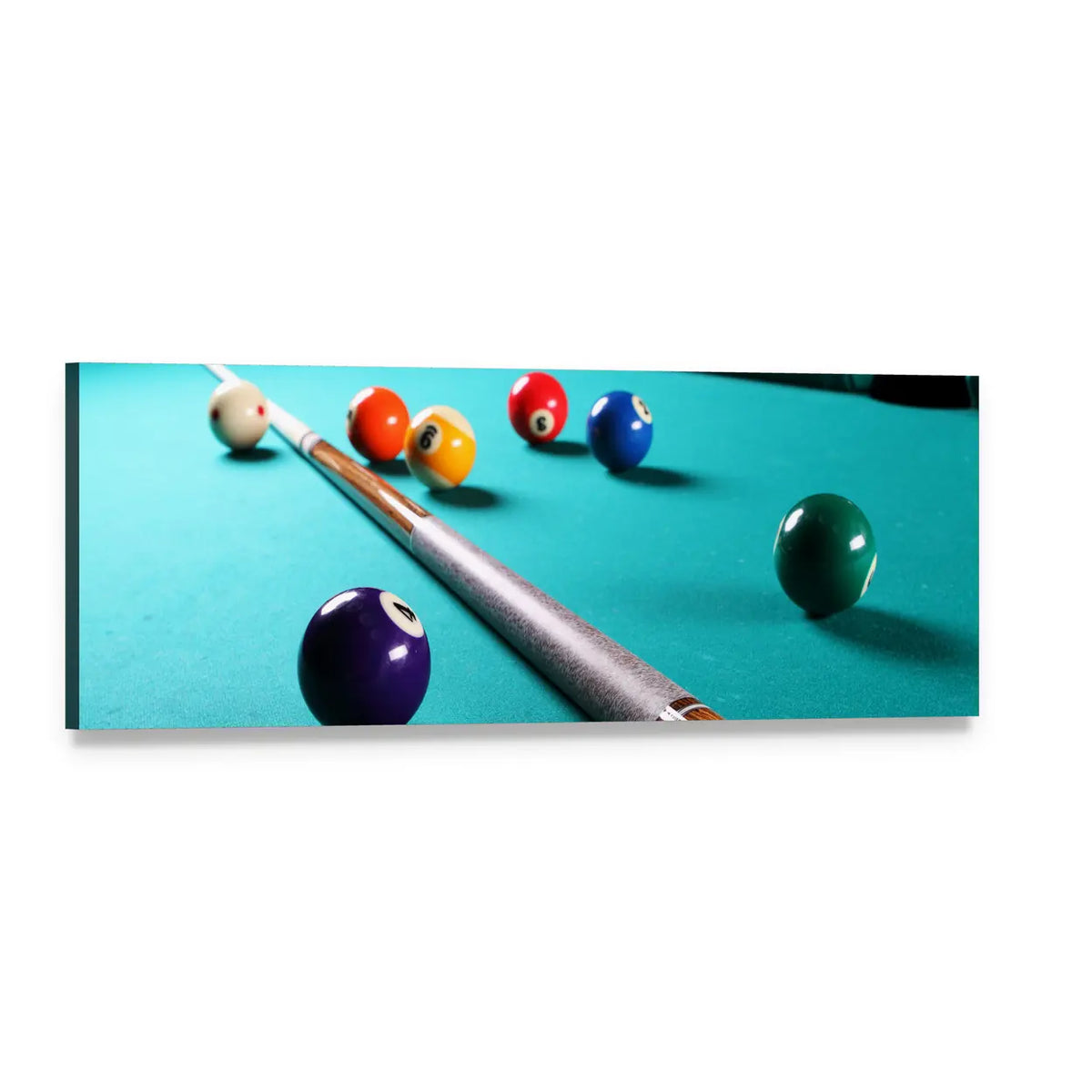 Close-up Billiard Cue and Balls Panoramic Canvas Wall Art, single panel gallery wrapped canvas, angled product view