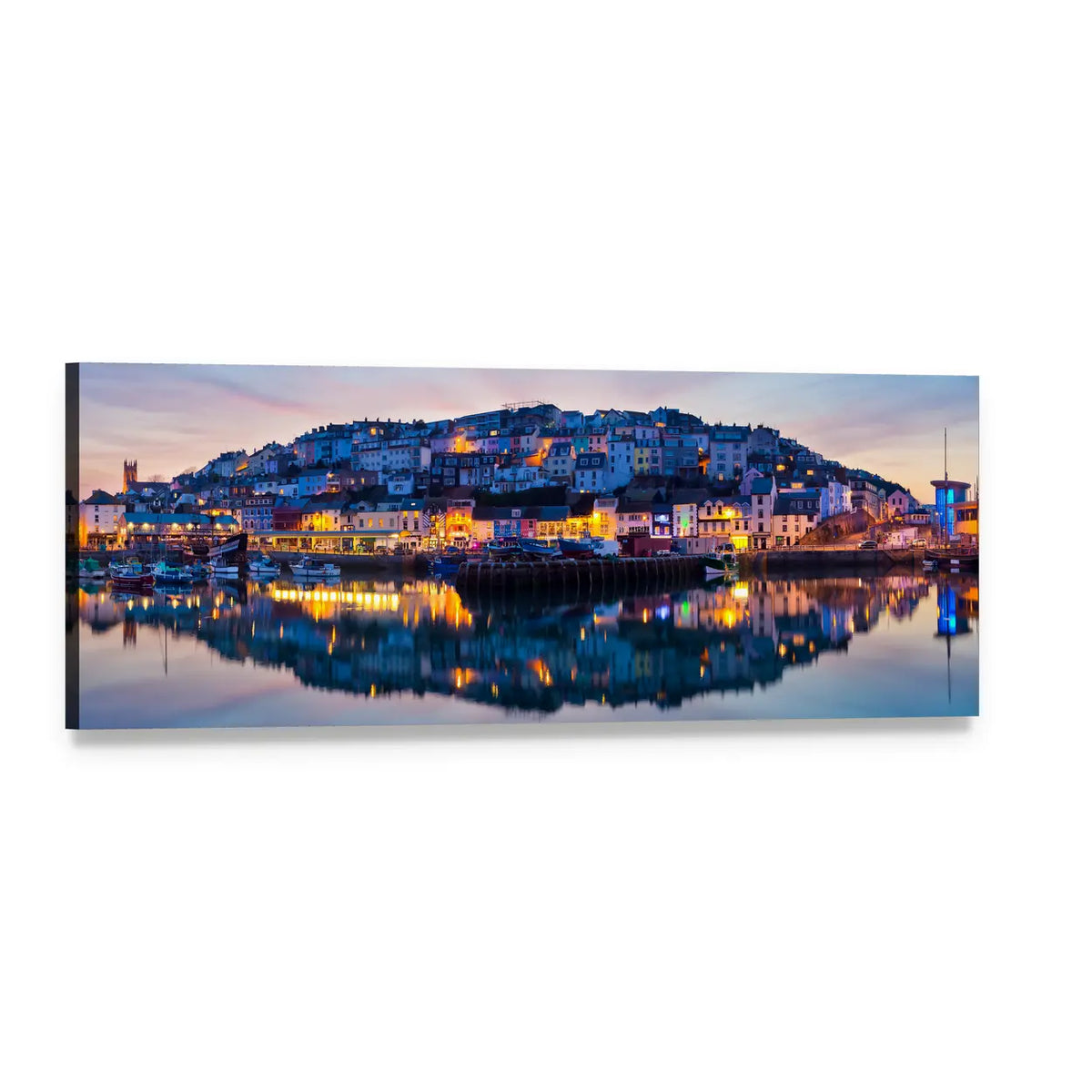 Brixham Harbour Sunset Panoramic Canvas Wall Art, single panel gallery wrapped canvas, angled product view