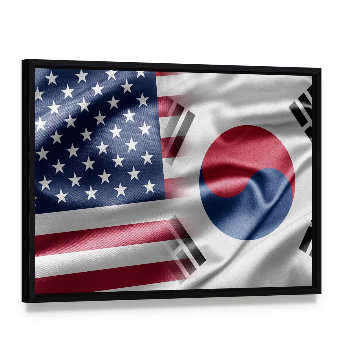 United States and South Korea Flags Canvas Wall Art, framed canvas in a black floater frame, angled product view