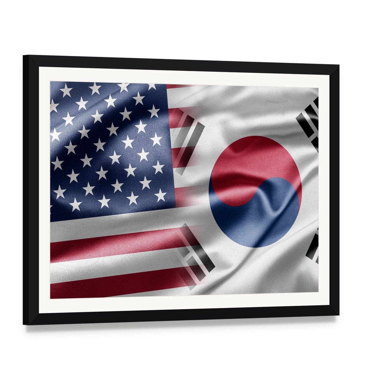 United States and South Korea Flags Canvas Wall Art, framed print with white mat and black frame, angled product view