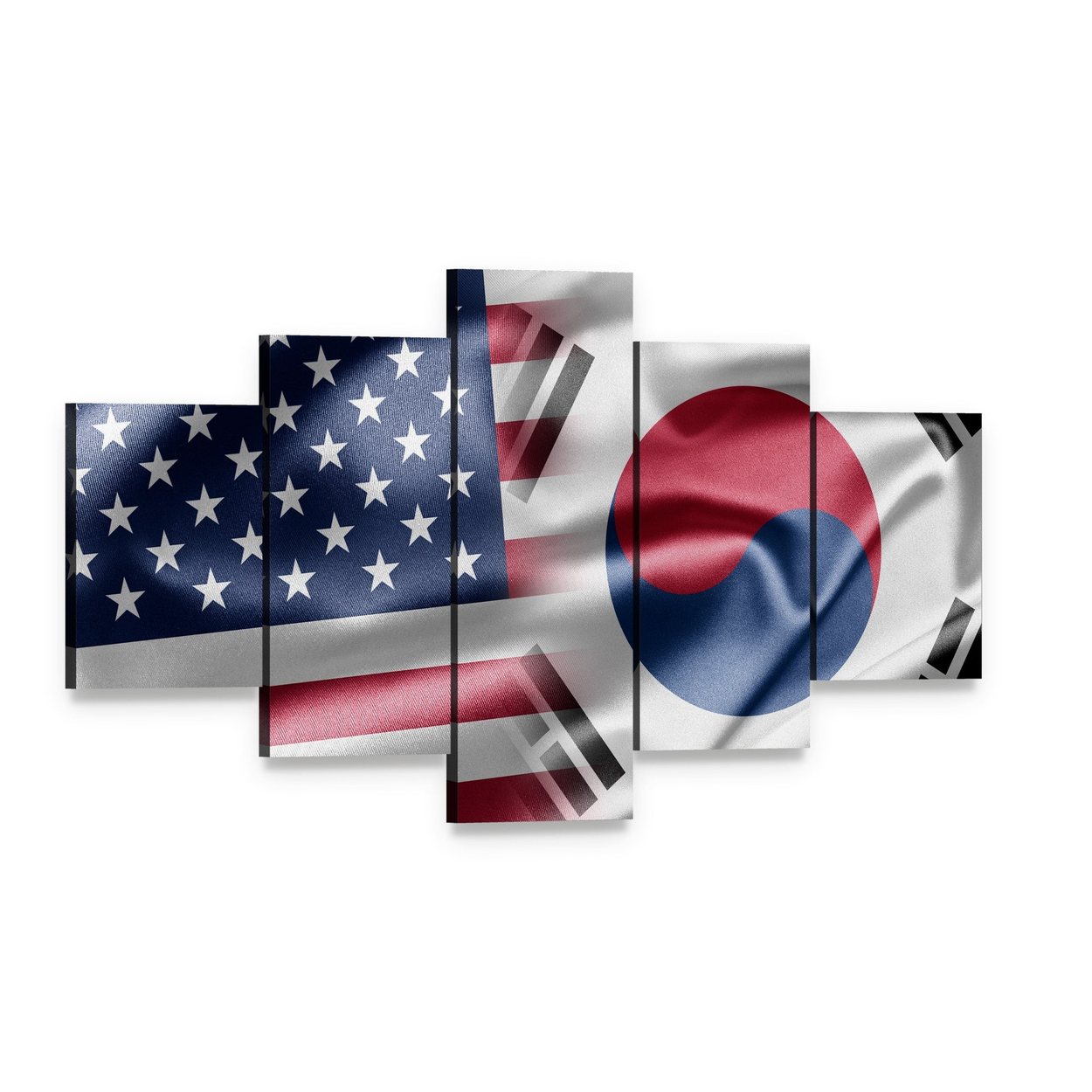 United States and South Korea Flags Canvas Wall Art, 5 panel 5 Star layout gallery wrapped canvas set, angled product view