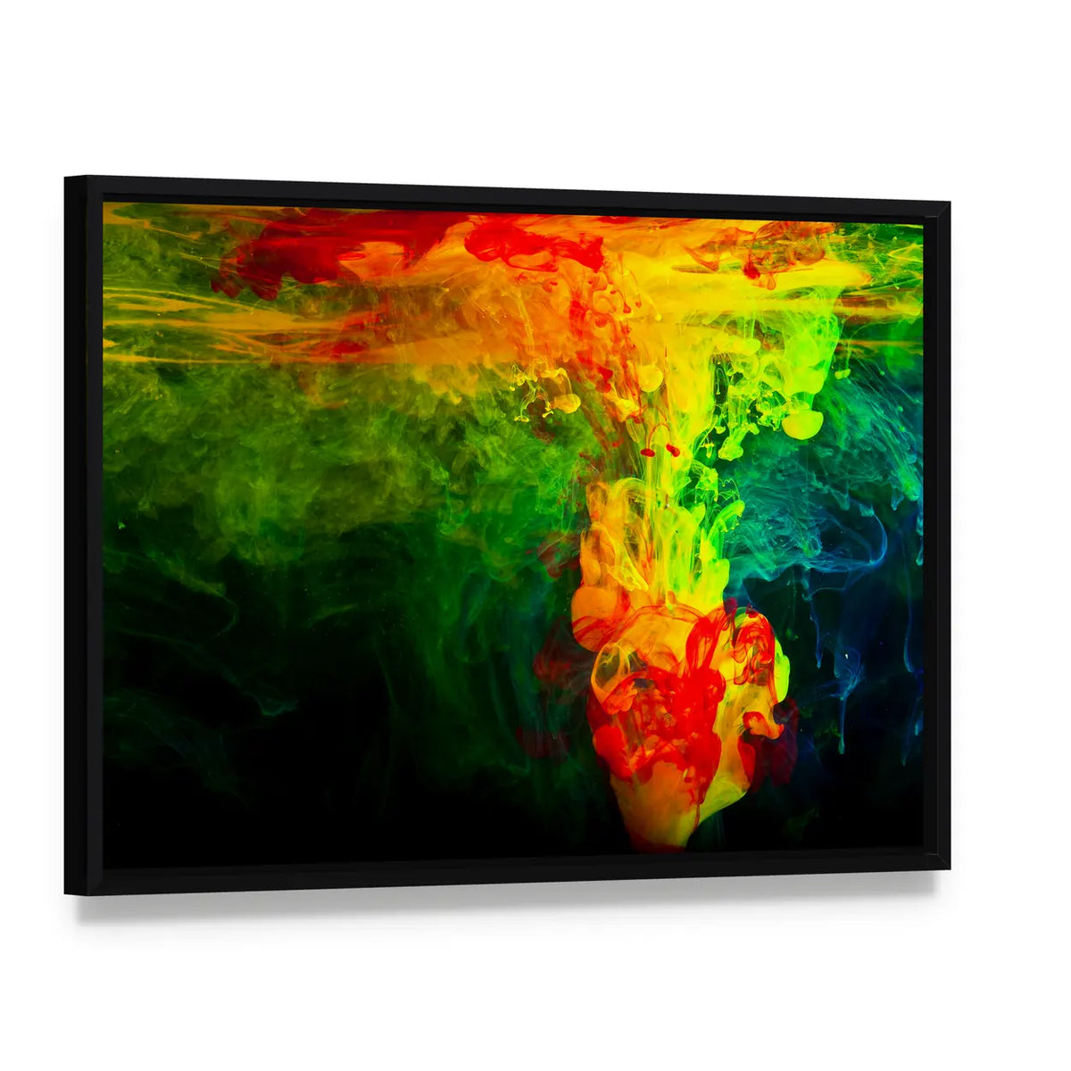 Dissolving Paint in Water Canvas Wall Art, framed canvas in a black floater frame, angled product view