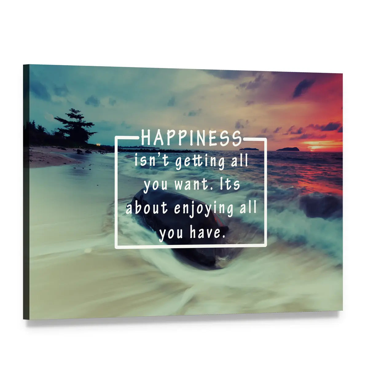 Happiness Quote Over Sunset Beach Canvas Wall Art, single panel gallery wrapped canvas, angled product view