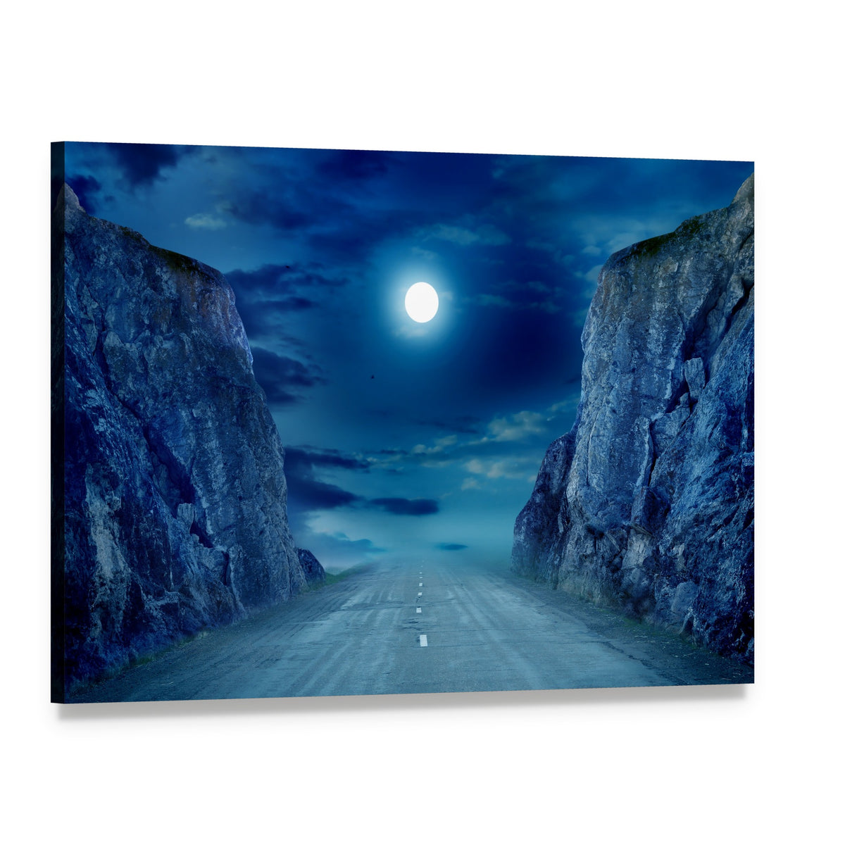 Moonlit Road Between Mountains Canvas Wall Art, single panel gallery wrapped canvas, angled product view