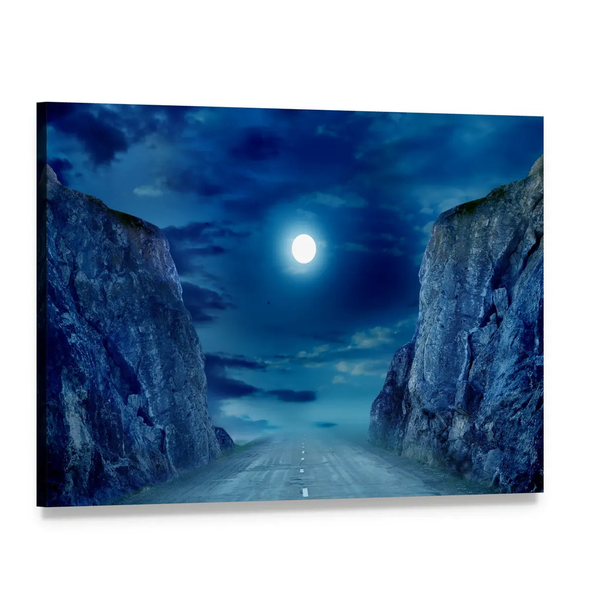 Moonlit Road Between Mountains Canvas Wall Art, single panel gallery wrapped canvas, angled product view