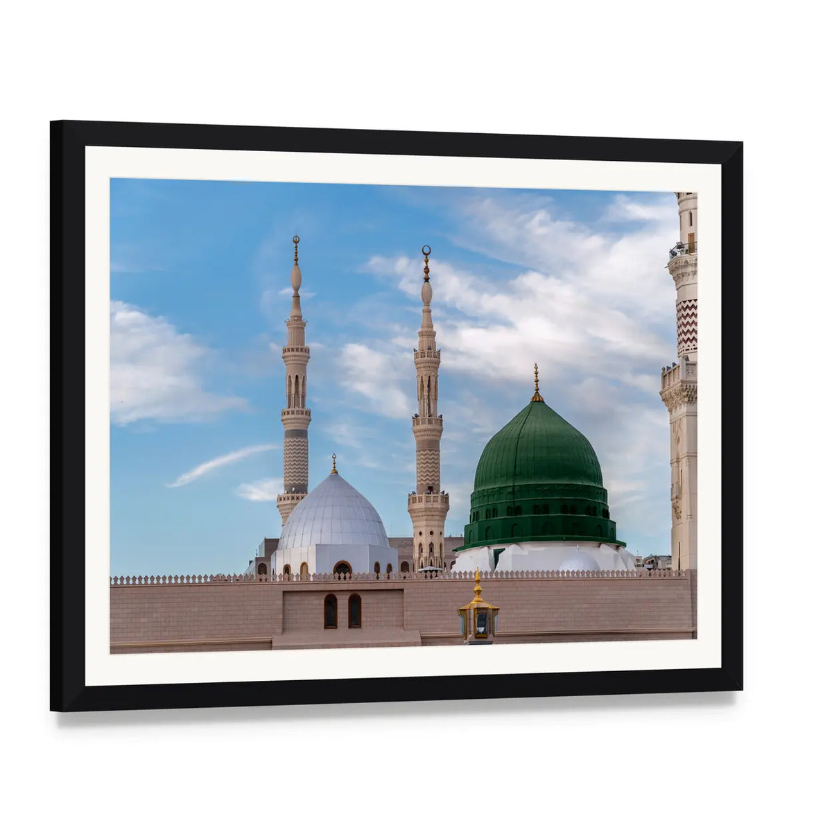 Green Dome with Minarets, Medina Canvas Wall Art, framed print with white mat and black frame, angled product view
