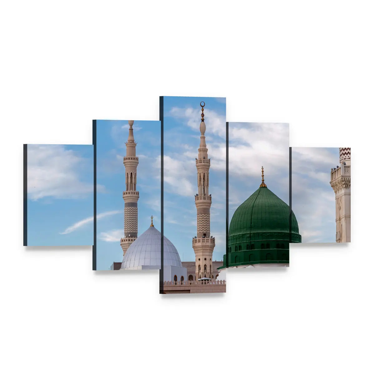 Green Dome at Al-masjid An-nabawi Canvas Wall Art, 5 panel 5 Star layout gallery wrapped canvas set, angled product view