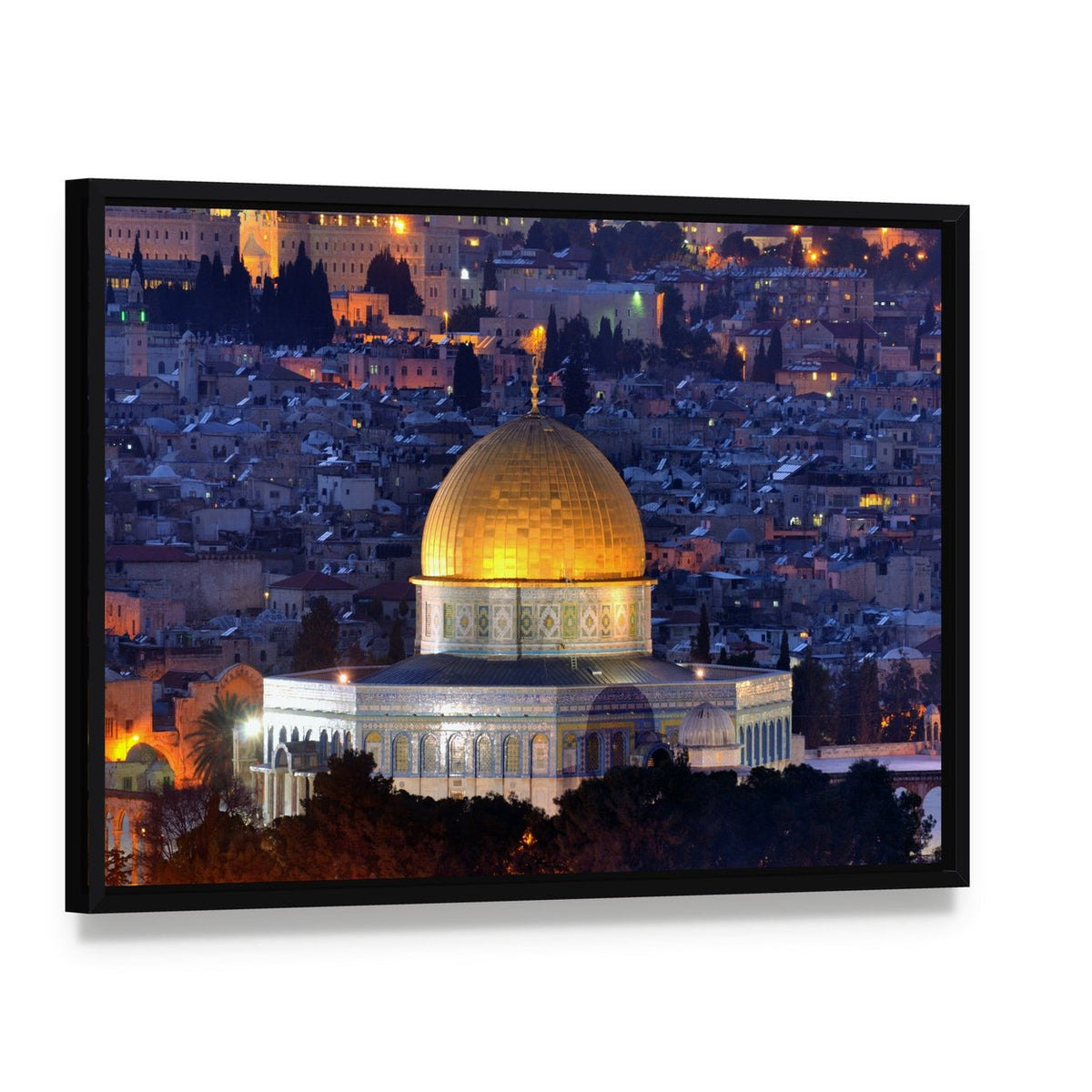 Dome of the Rock, Jerusalem Canvas Wall Art, framed canvas in a black floater frame, angled product view