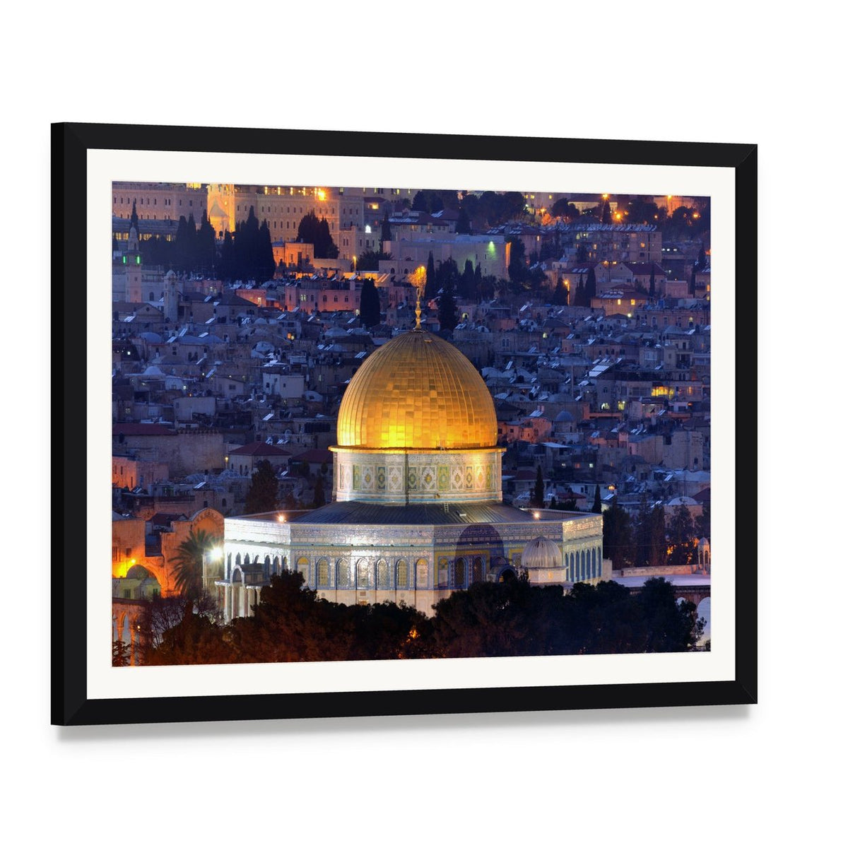Dome of the Rock, Jerusalem Canvas Wall Art, framed print with white mat and black frame, angled product view