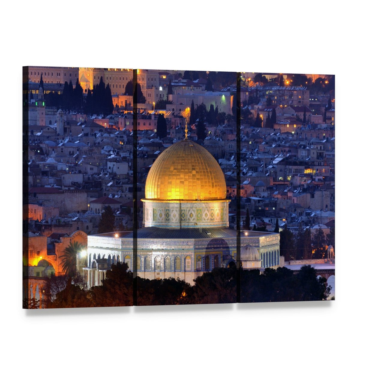 Dome of the Rock, Jerusalem Canvas Wall Art, 3 panel 3 Horizontal layout gallery wrapped canvas set, angled product view