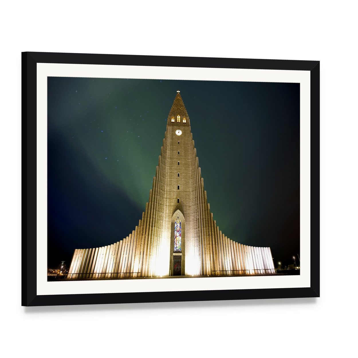 Hallgrímskirkja Church Under Northern Lights Canvas Wall Art, framed print with white mat and black frame, angled product view