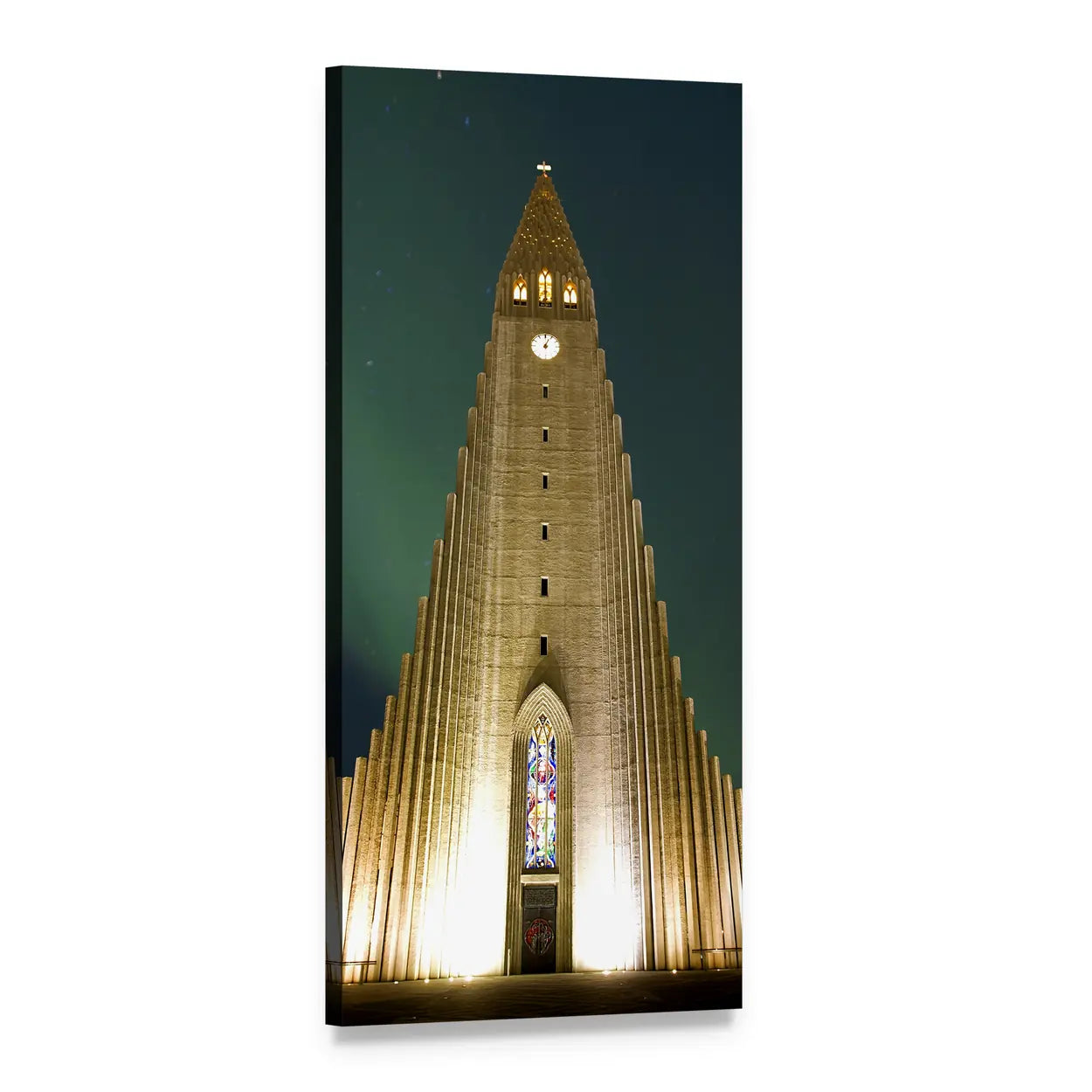 Hallgrímskirkja Church at Night Vertical Canvas Wall Art, 1 panel 1 Vertical layout gallery wrapped canvas set, angled product view