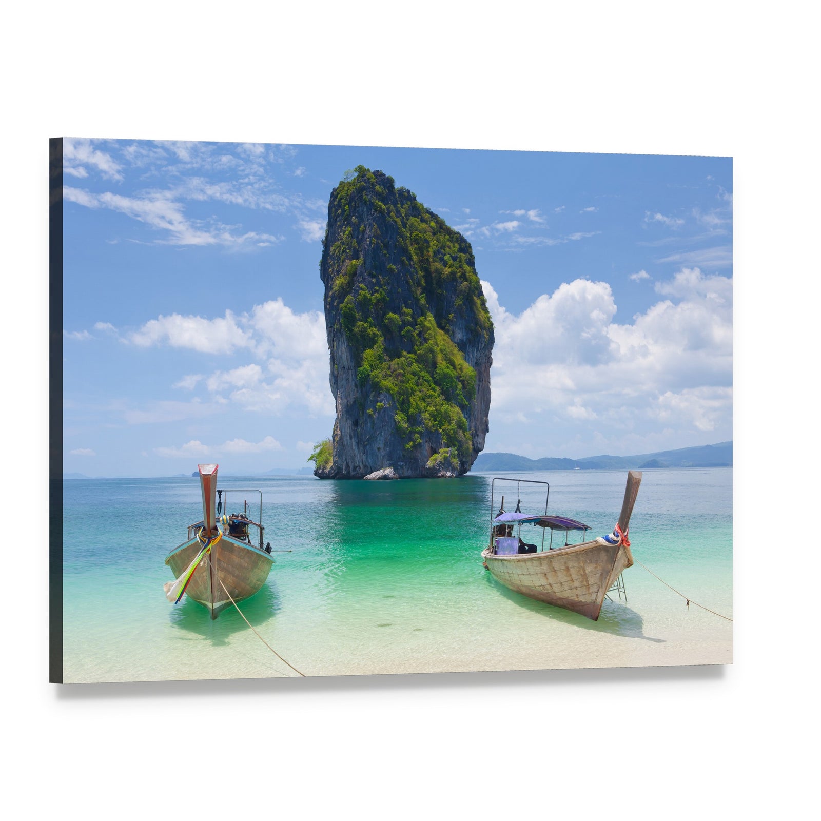 Cliff and Longtail Boats in Thailand Canvas Wall Art, single panel gallery wrapped canvas, angled product view