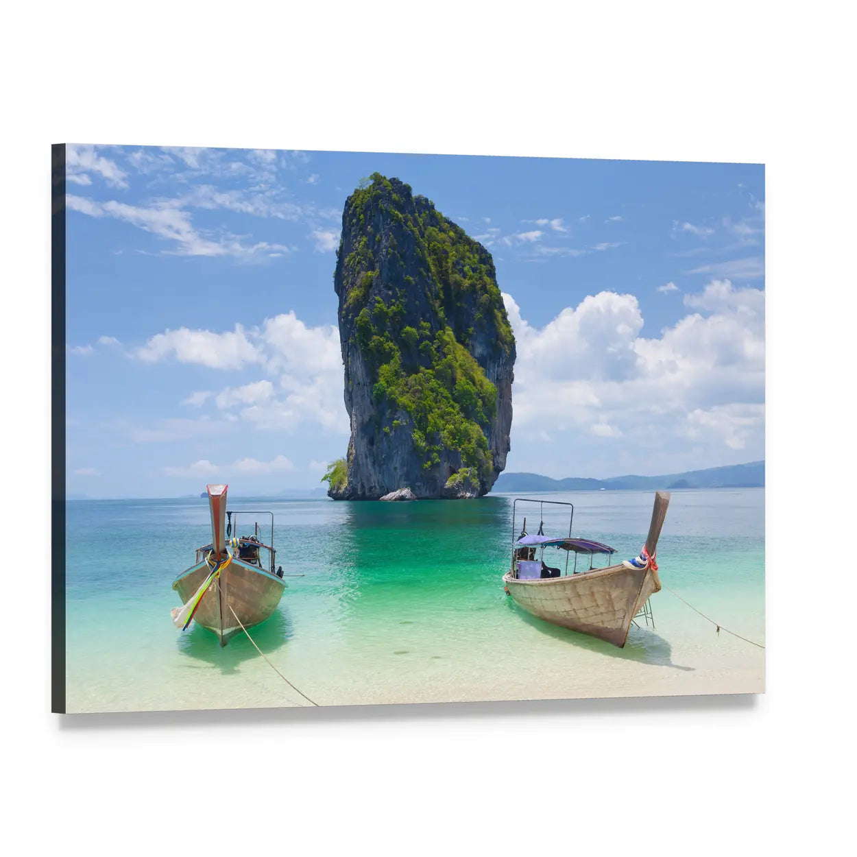 Longtail Boats by Karst Cliff, Thailand Canvas Wall Art, single panel gallery wrapped canvas, angled product view