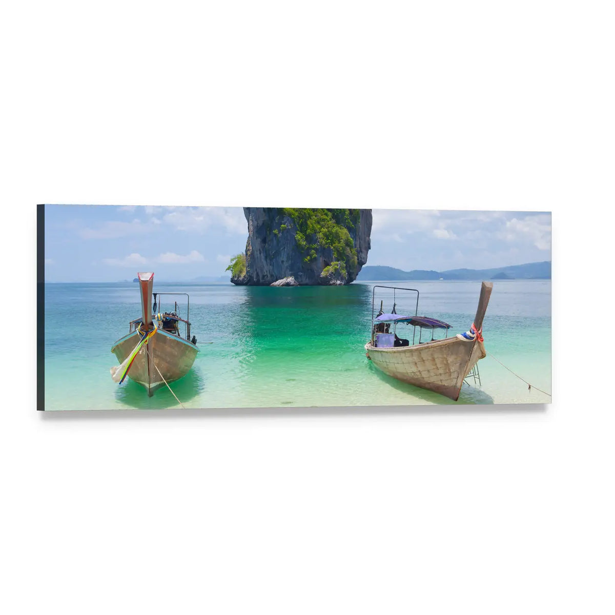 Thai Longtail Boats on Turquoise Beach Panoramic Canvas Wall Art, single panel gallery wrapped canvas, angled product view