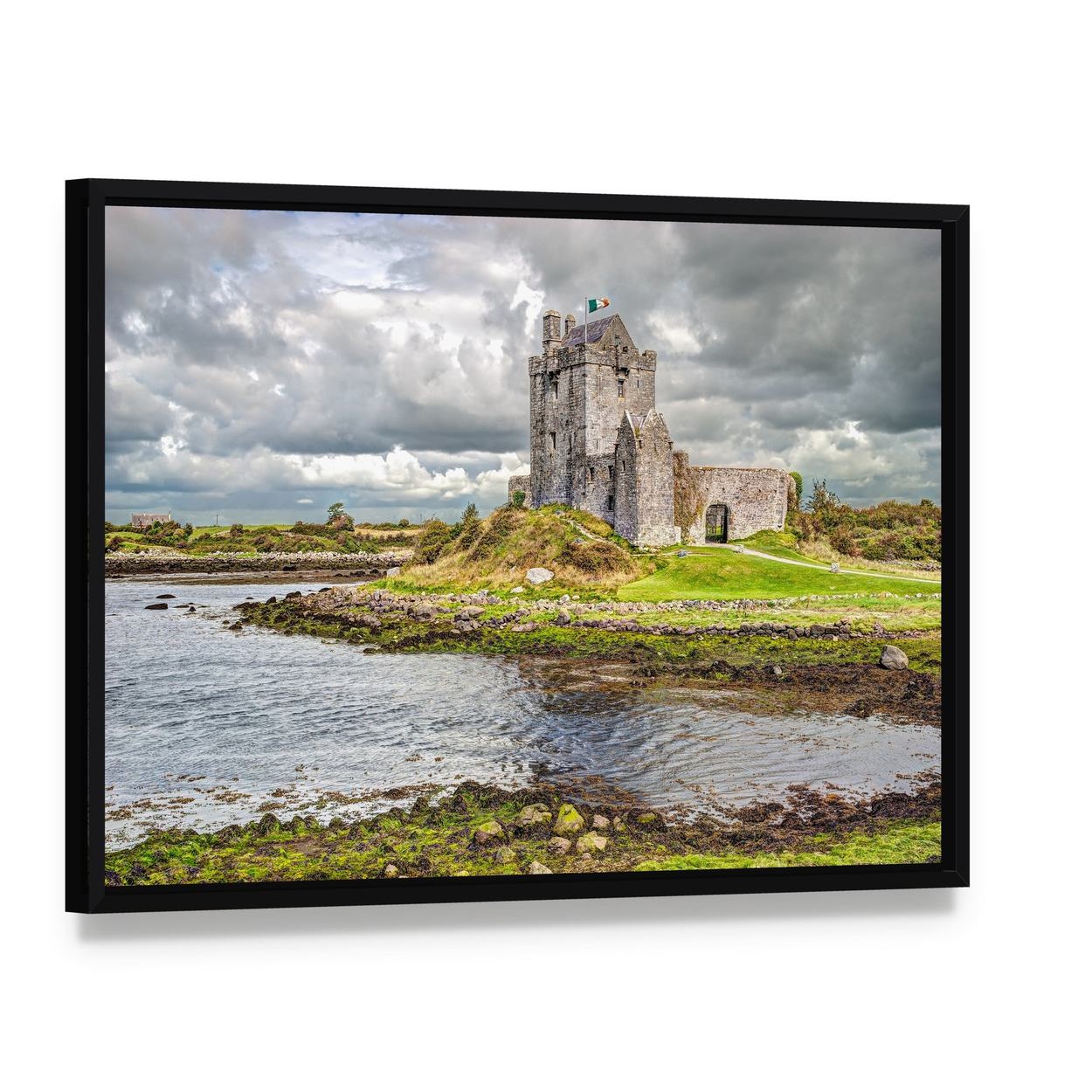 Dunguaire Castle Over Rocky Shoreline Canvas Wall Art, framed canvas in a black floater frame, angled product view