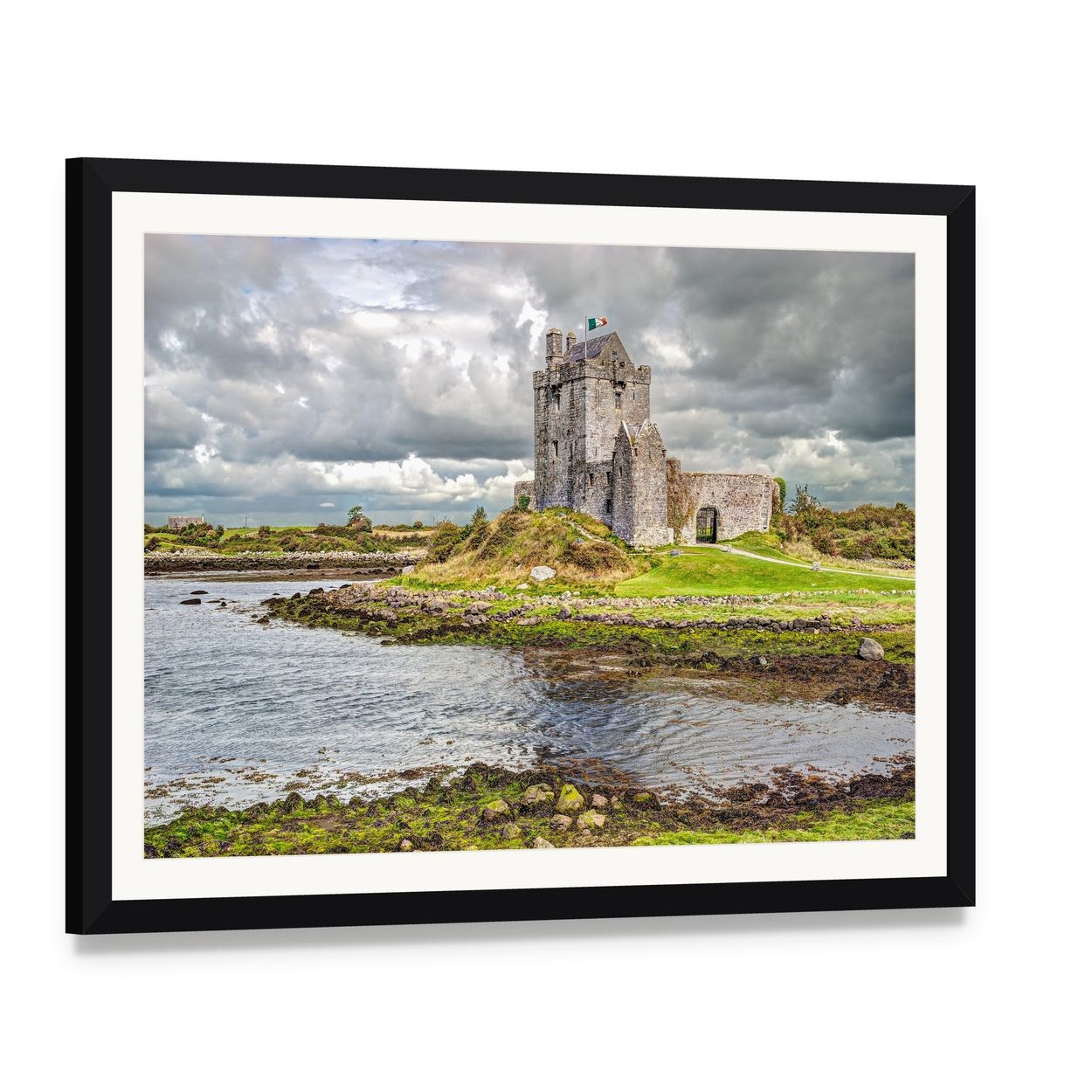 Dunguaire Castle Over Rocky Shoreline Canvas Wall Art, framed print with white mat and black frame, angled product view