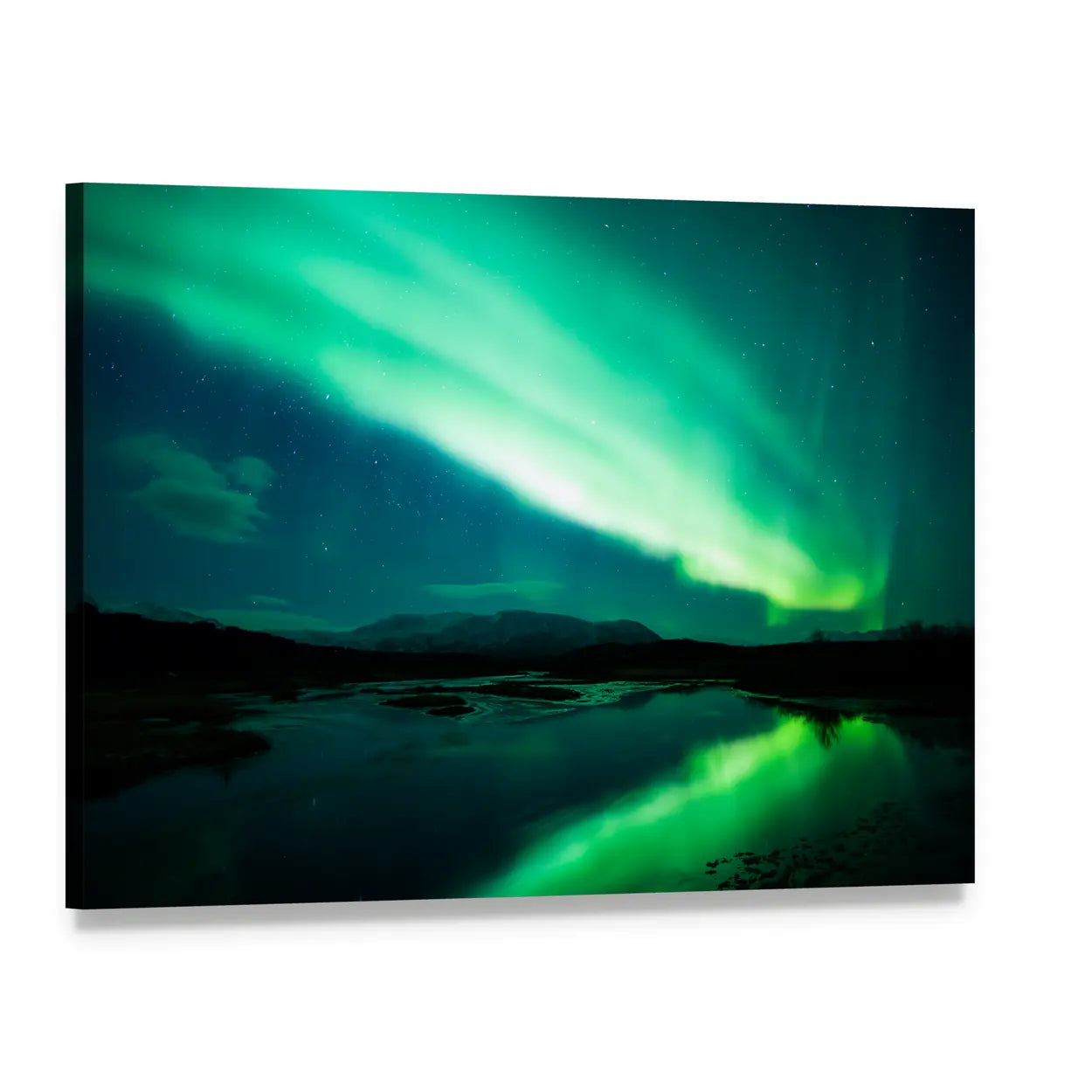 Northern Lights Over Mountains and River Canvas Wall Art, single panel gallery wrapped canvas, angled product view