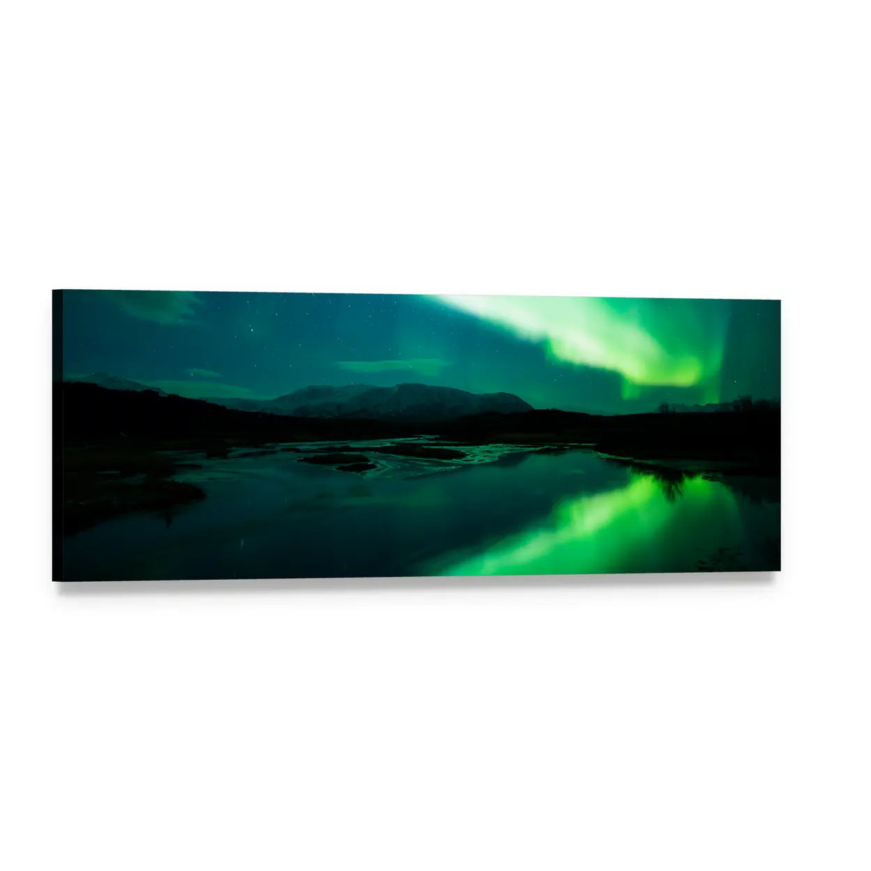 Aurora Borealis Over Mountain Lake Panoramic Canvas Wall Art, single panel gallery wrapped canvas, angled product view