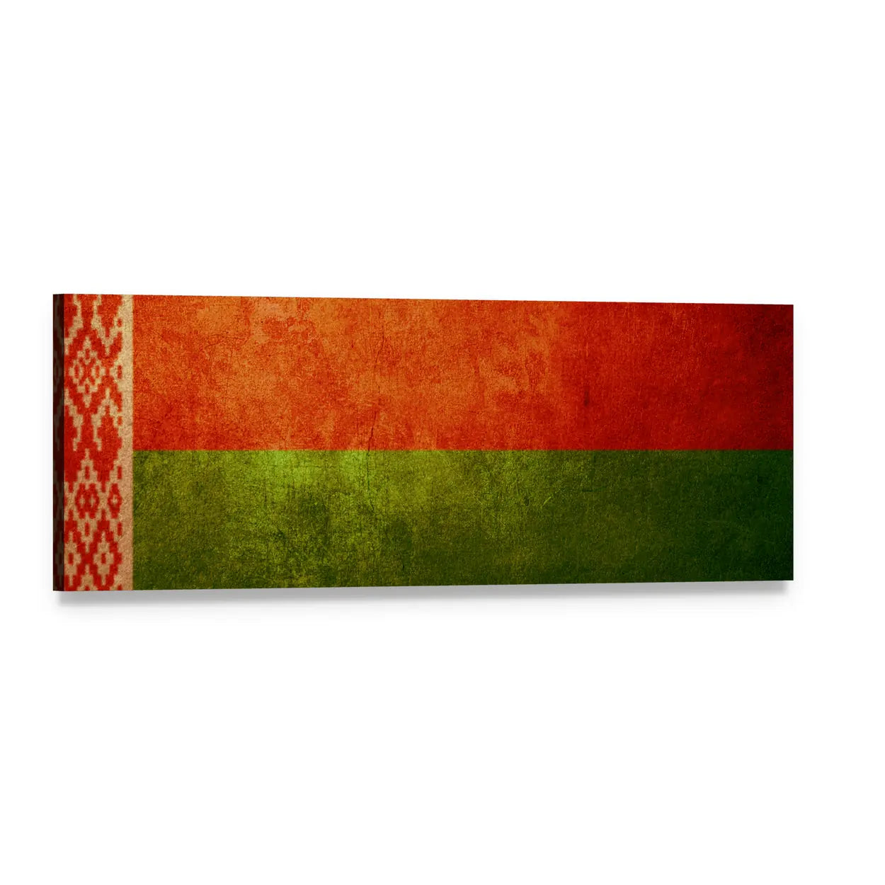 Weathered Belarusian Flag with Folk Ornament Panoramic Canvas Wall Art, single panel gallery wrapped canvas, angled product view