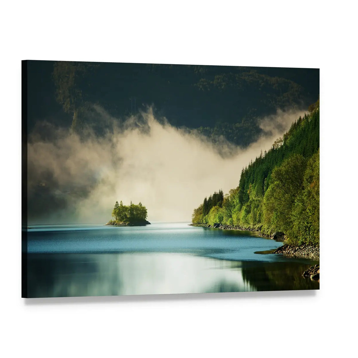 Misty Mountain Lake with Island Canvas Wall Art, single panel gallery wrapped canvas, angled product view