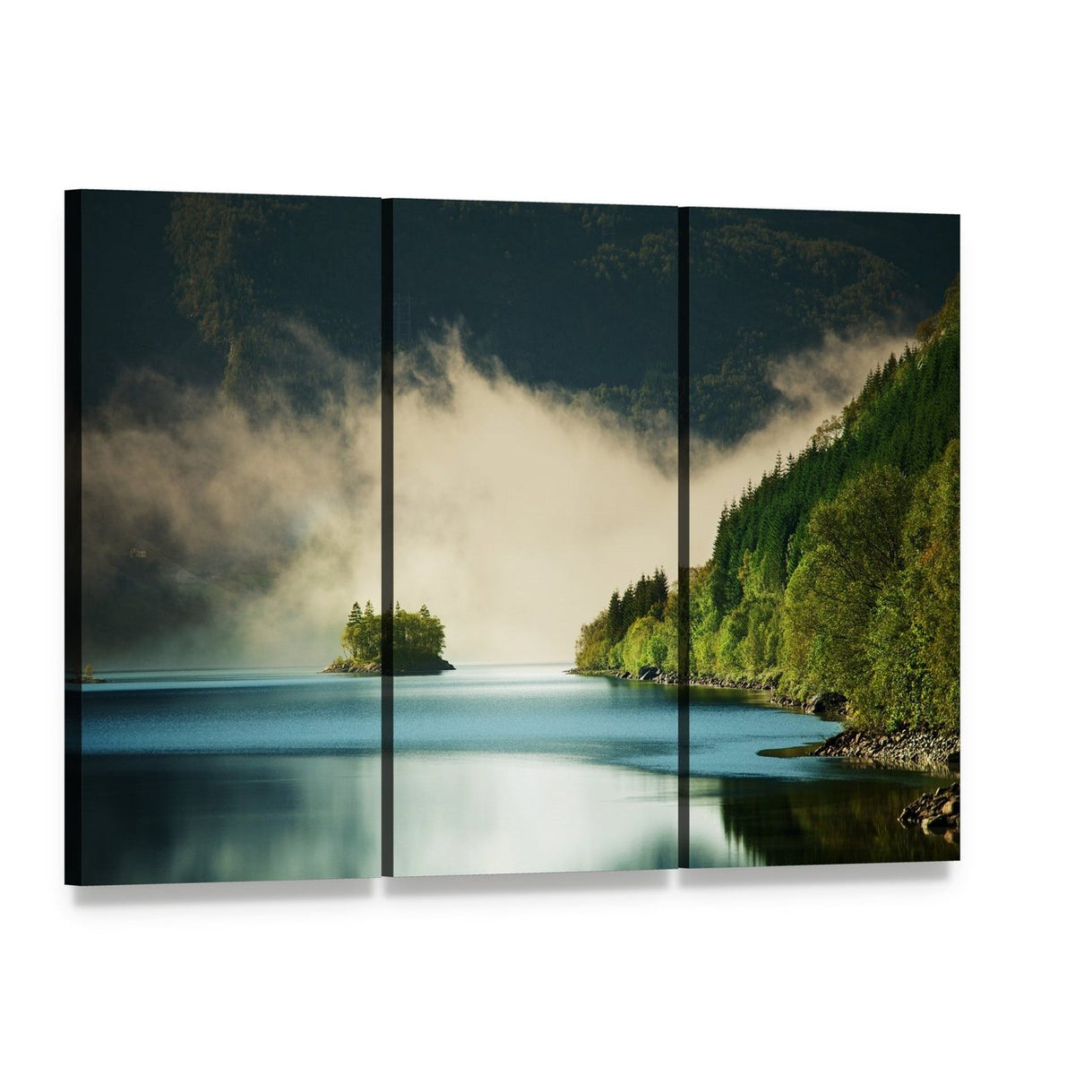 Misty Lake with Solitary Wooded Island Canvas Wall Art, 3 panel 3 Horizontal layout gallery wrapped canvas set, angled product view