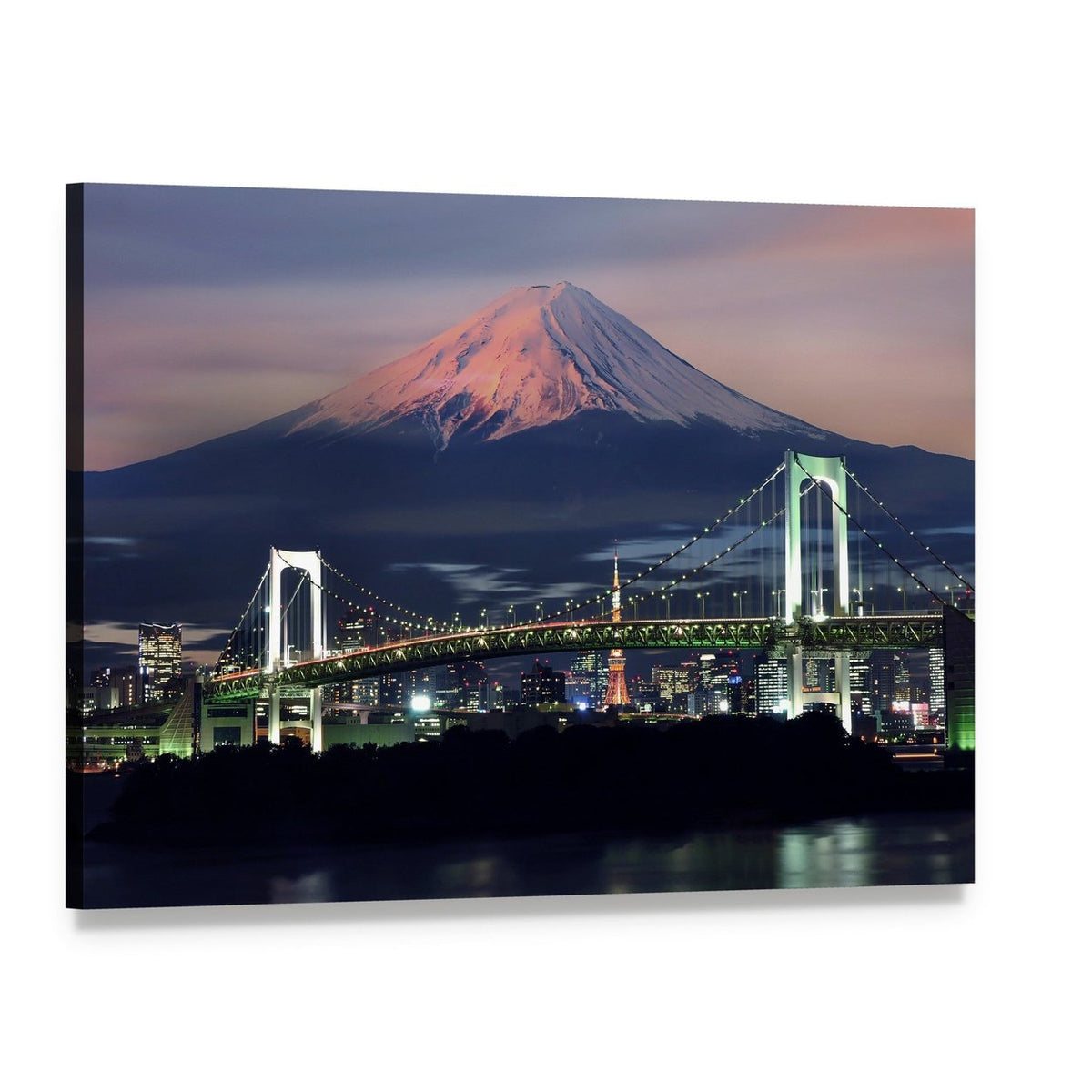 Twilight View of Mount Fuji and Rainbow Bridge Canvas Wall Art, single panel gallery wrapped canvas, angled product view