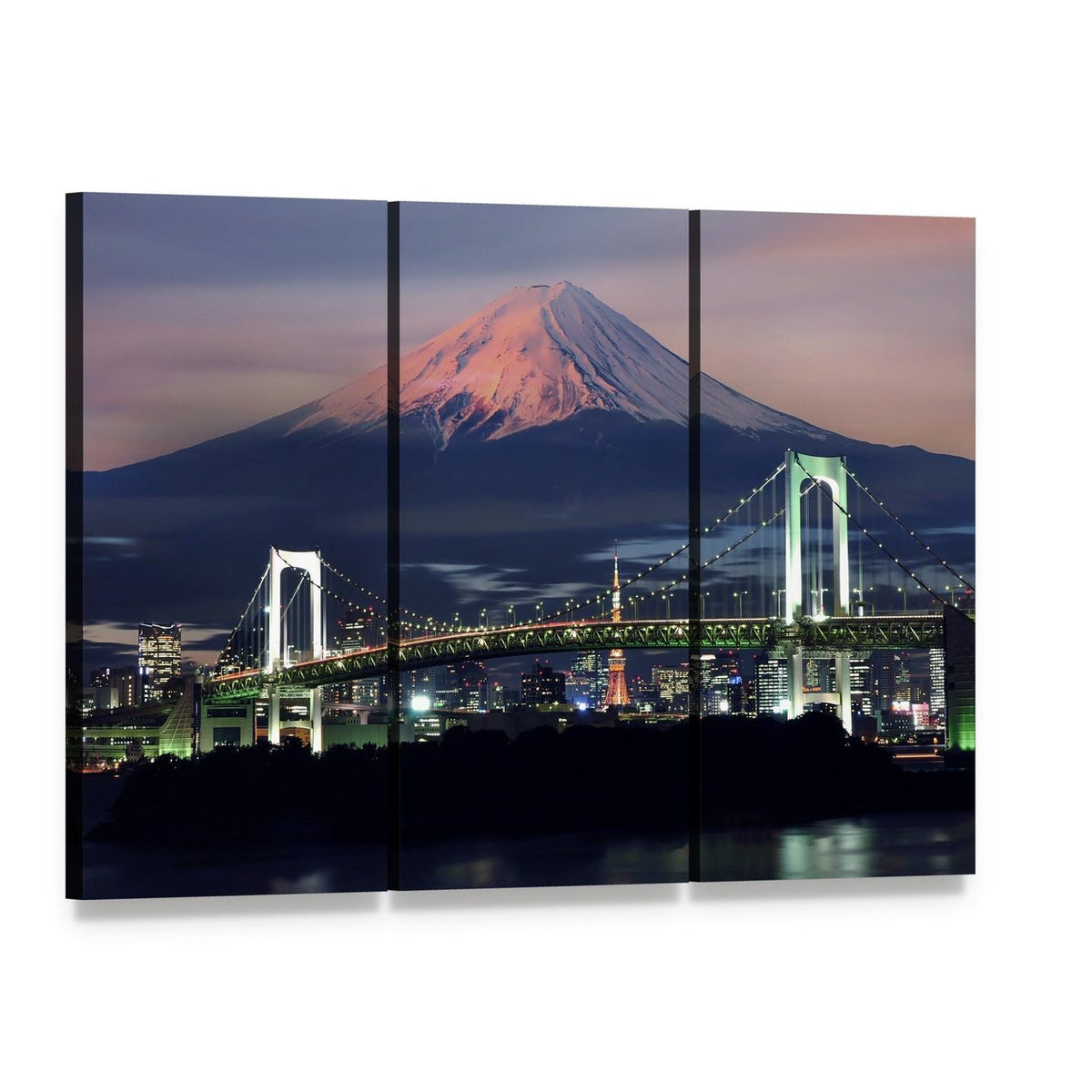 Twilight View of Mount Fuji and Rainbow Bridge Canvas Wall Art, 3 panel 3 Horizontal layout gallery wrapped canvas set, angled product view
