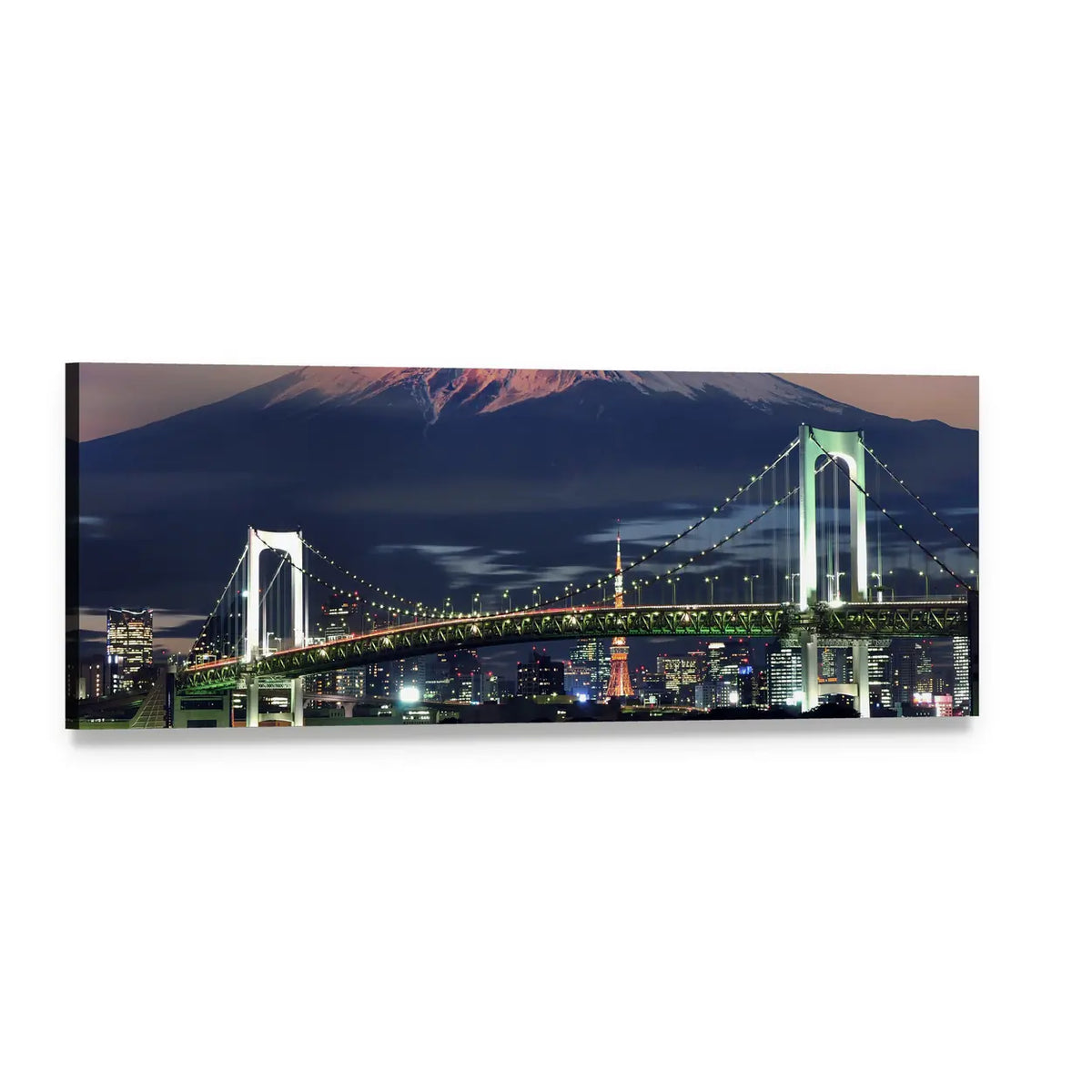 Mount Fuji Night Skyline with Rainbow Bridge and Tokyo Tower Panoramic Canvas Wall Art, single panel gallery wrapped canvas, angled product view