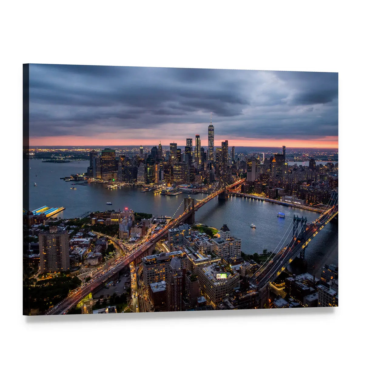 New York City at Night Canvas Wall Art, single panel gallery wrapped canvas, angled product view