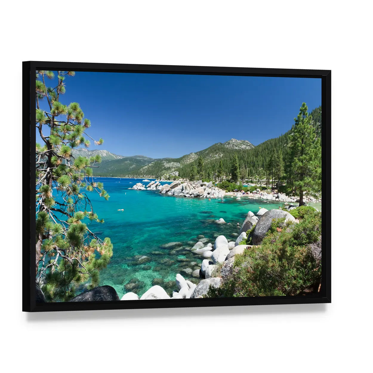 Lake Tahoe California Canvas Wall Art, framed canvas in a black floater frame, angled product view