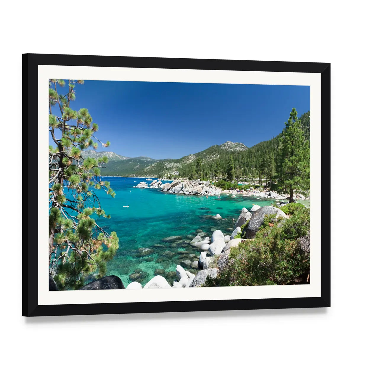 Lake Tahoe California Canvas Wall Art, framed print with white mat and black frame, angled product view