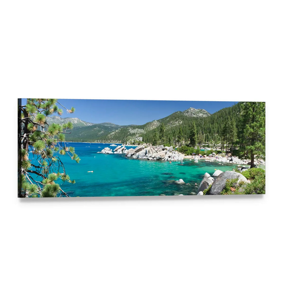 Lake Tahoe Turquoise Shoreline Panoramic Canvas Wall Art, single panel gallery wrapped canvas, angled product view