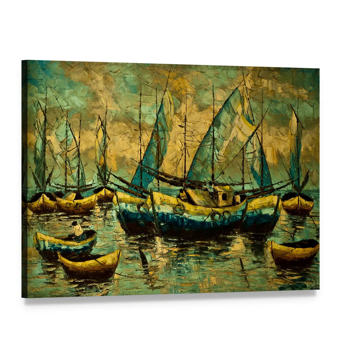 Layered Sailboats with Teal-blue Sails Canvas Wall Art, single panel gallery wrapped canvas, angled product view