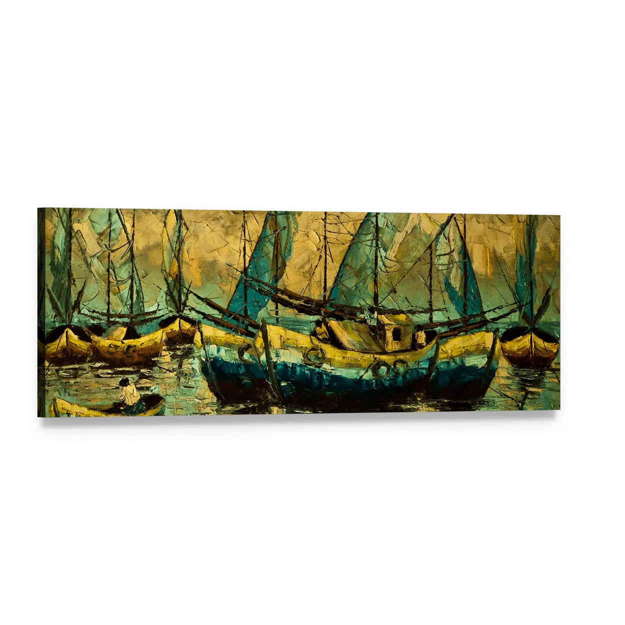 Boats on a Lake Panoramic Canvas Wall Art, single panel gallery wrapped canvas, angled product view