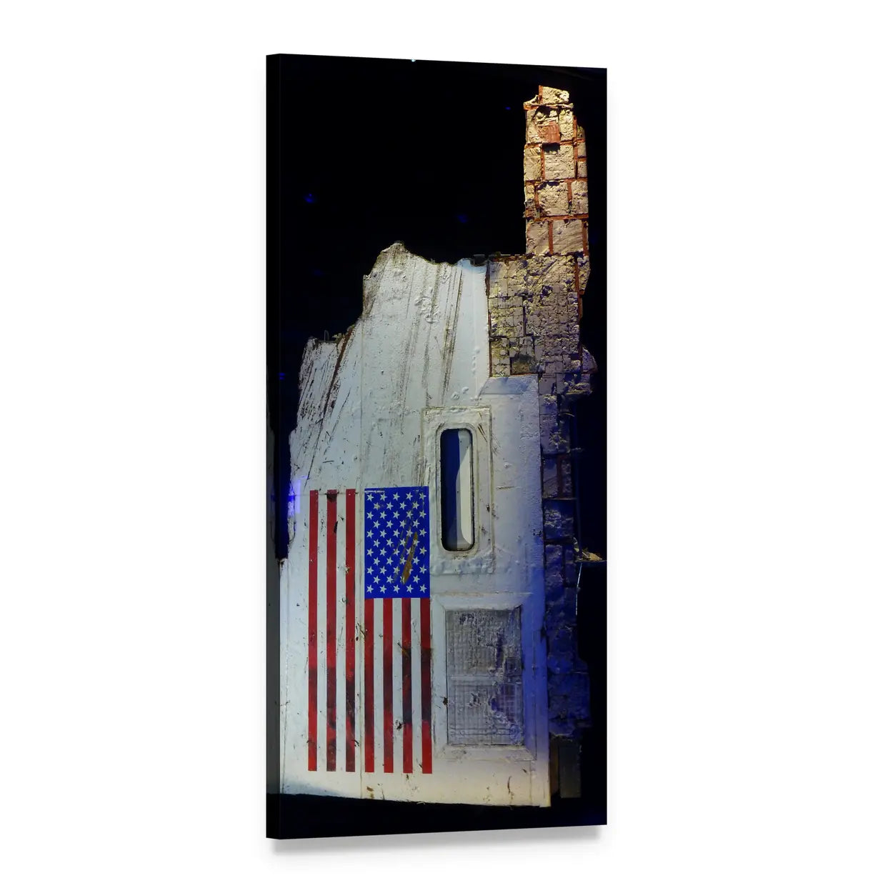 Worn American Flag on Brick Facade Vertical Canvas Wall Art, 1 panel 1 Vertical layout gallery wrapped canvas set, angled product view