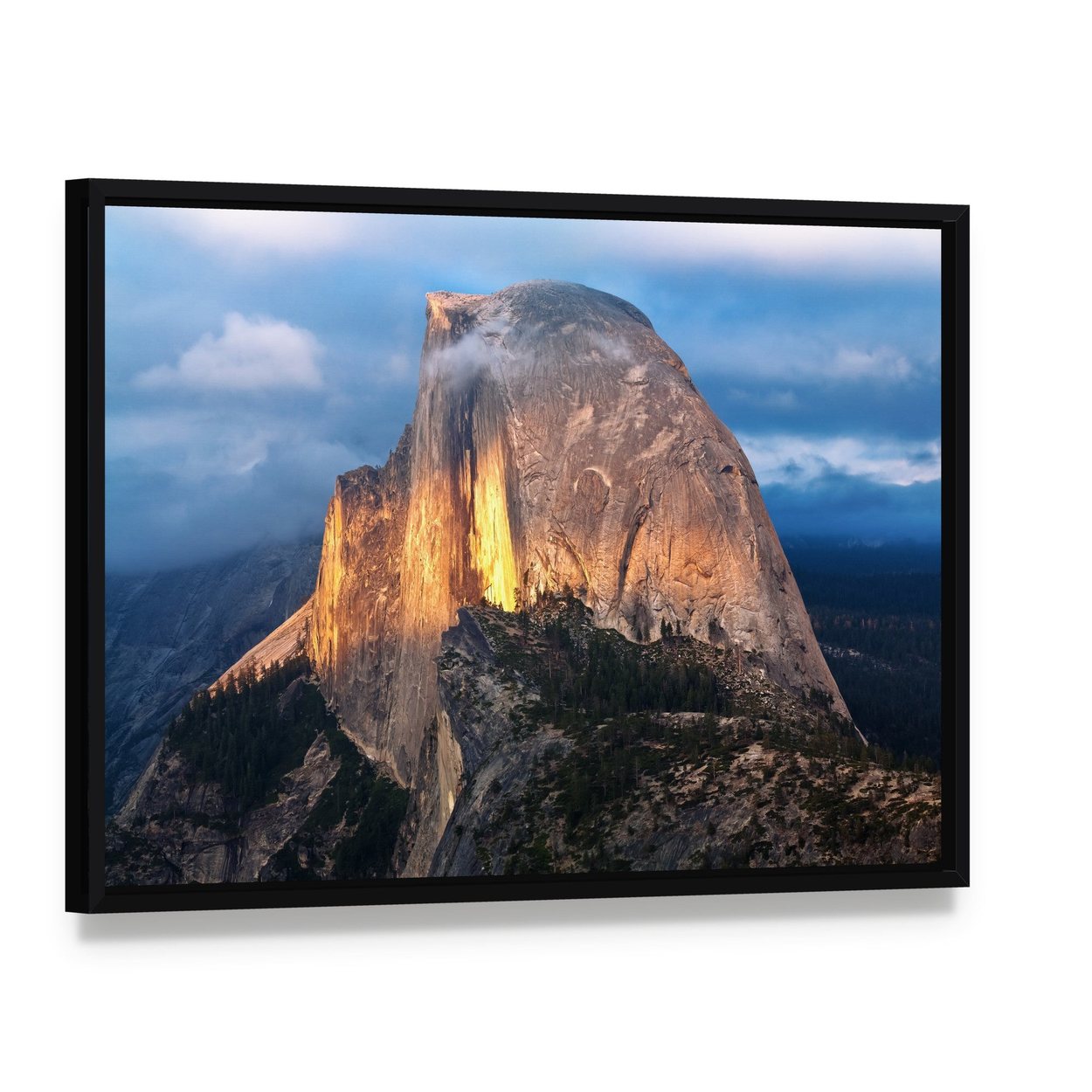 Half Dome at Sunset in Yosemite Canvas Wall Art, framed canvas in a black floater frame, angled product view