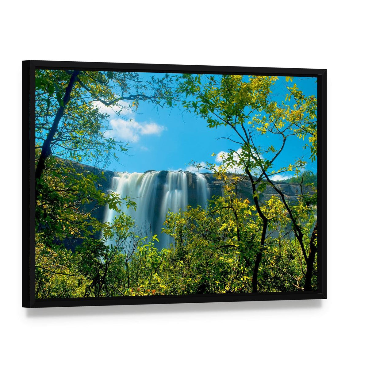 Waterfall in a Forest Athirappally Kerala Canvas Wall Art, framed canvas in a black floater frame, angled product view