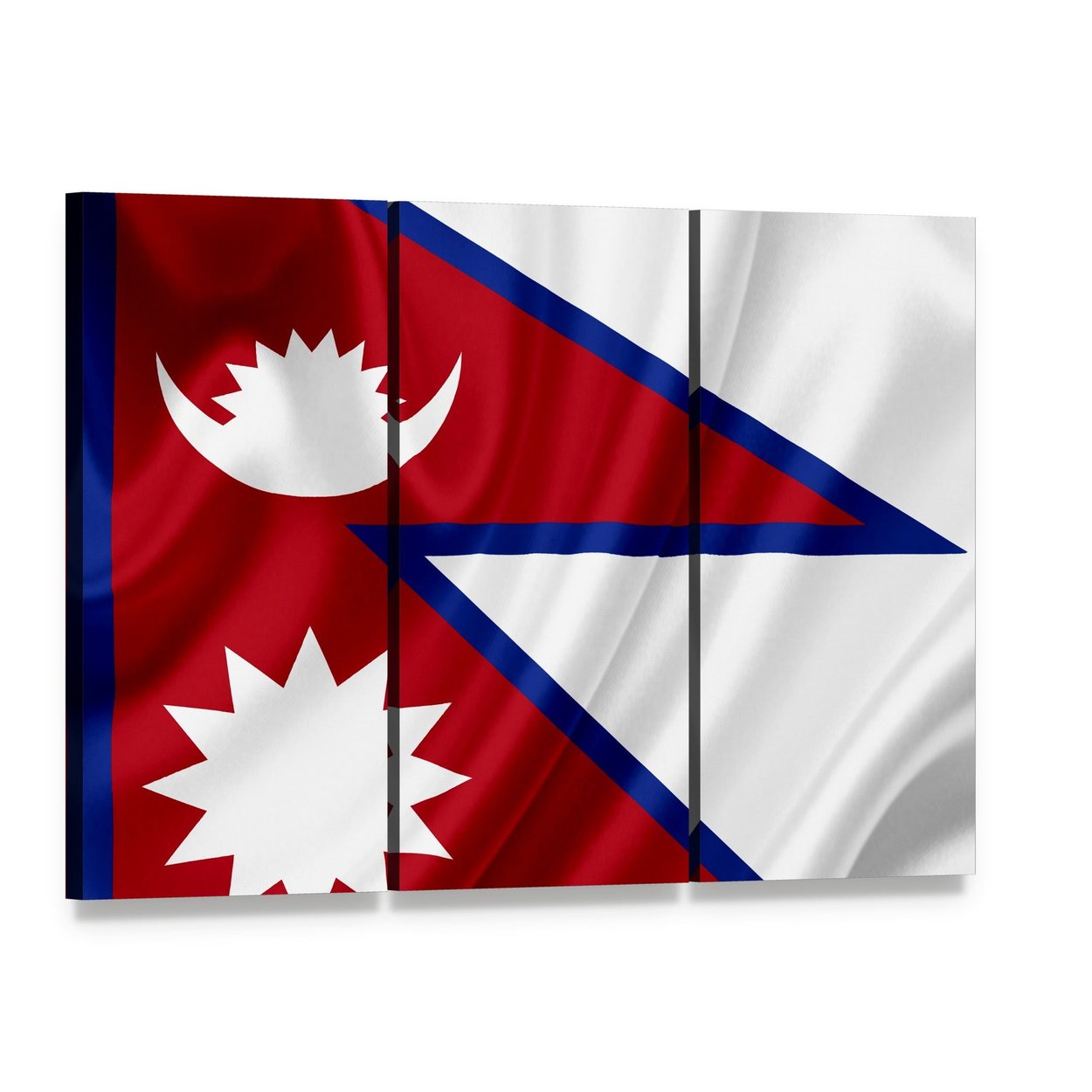 Waving Nepal Flag Canvas Wall Art, 3 panel 3 Horizontal layout gallery wrapped canvas set, angled product view