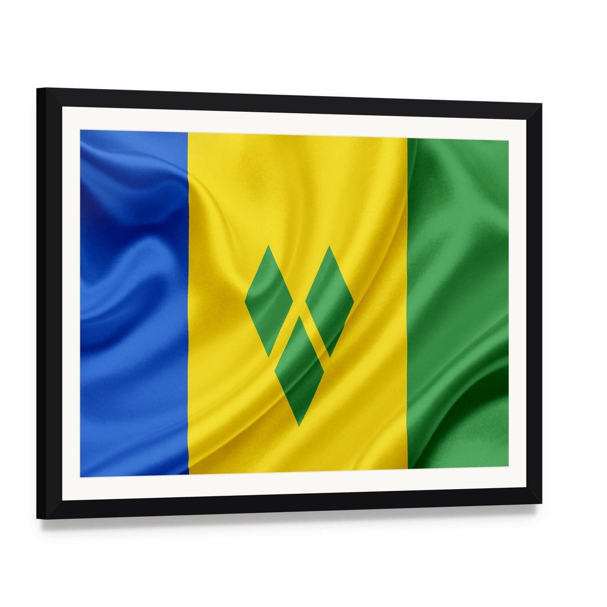 Saint Vincent and the Grenadines Waving Flag Canvas Wall Art, framed print with white mat and black frame, angled product view