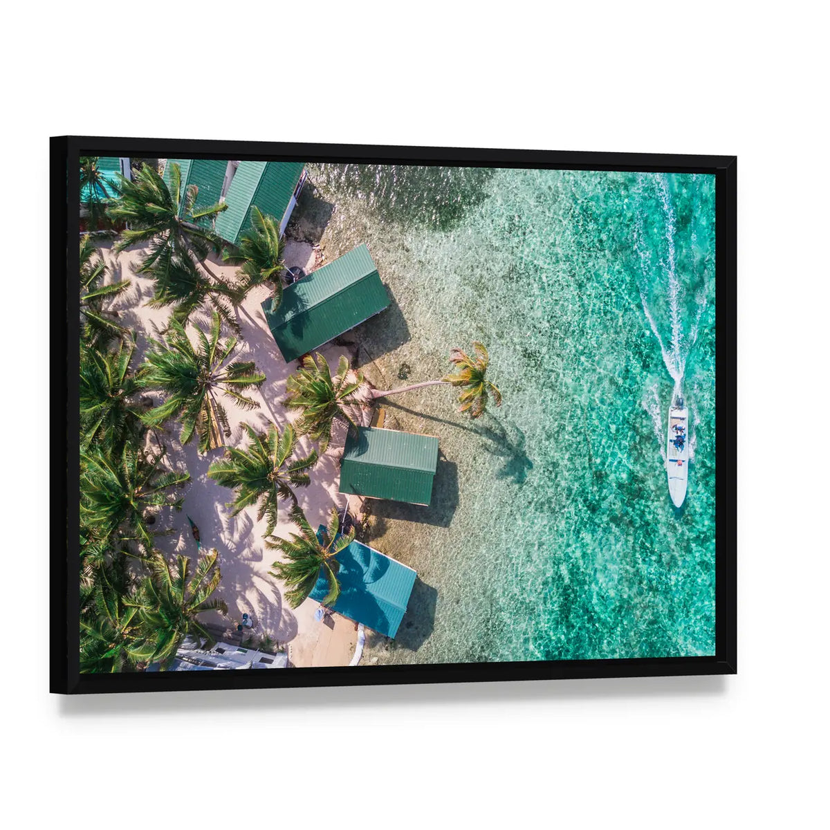 Aerial View of Tropical Island Coast Canvas Wall Art, framed canvas in a black floater frame, angled product view