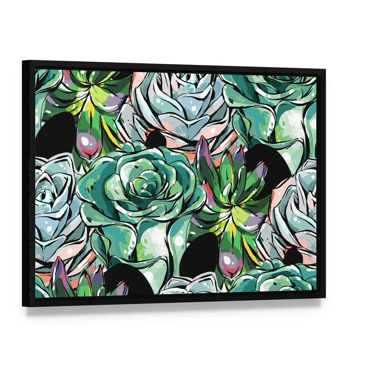 Succulent Rosettes Abstract Pattern Canvas Wall Art, framed canvas in a black floater frame, angled product view