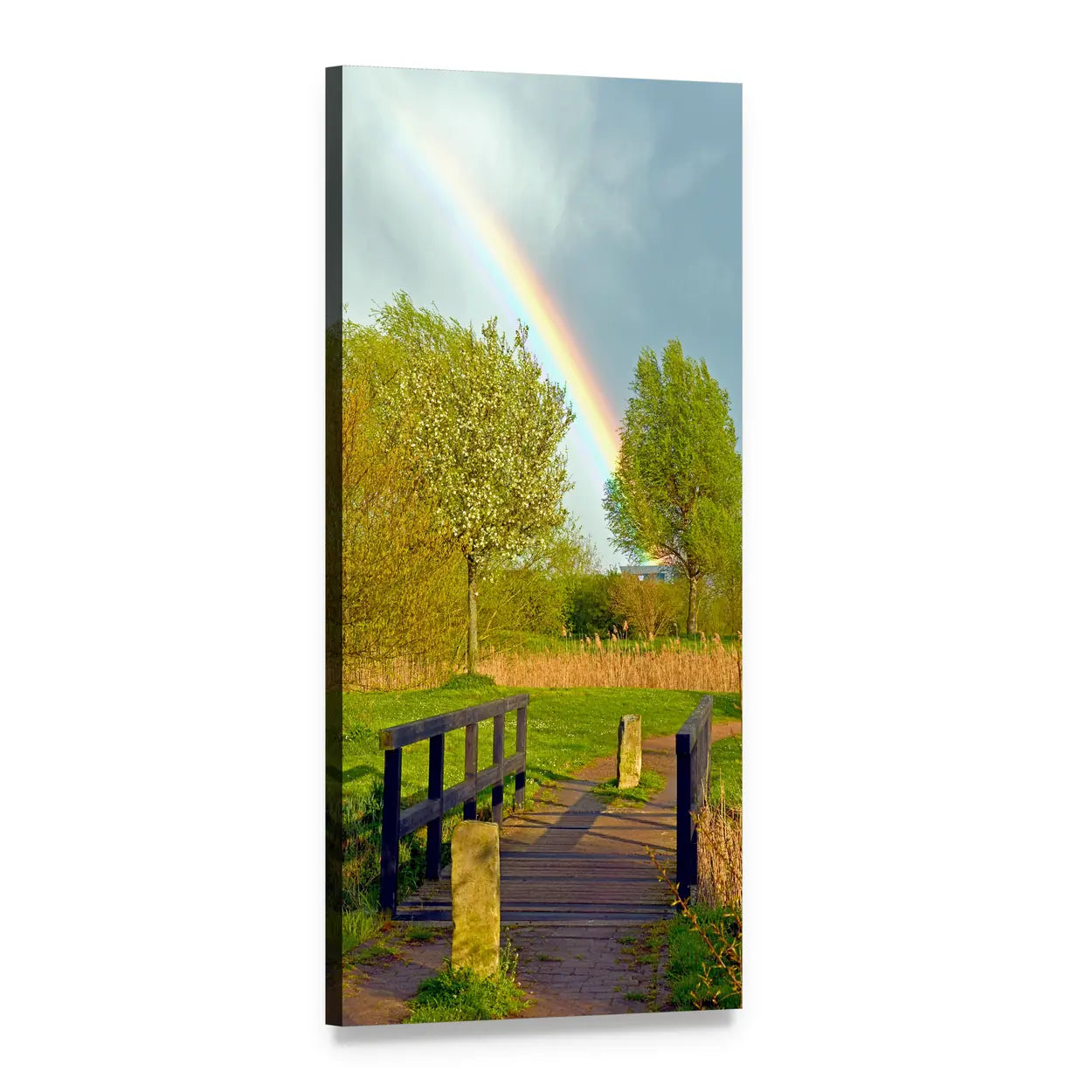 Small Bridge in Spring Fields Vertical Canvas Wall Art, 1 panel 1 Vertical layout gallery wrapped canvas set, angled product view
