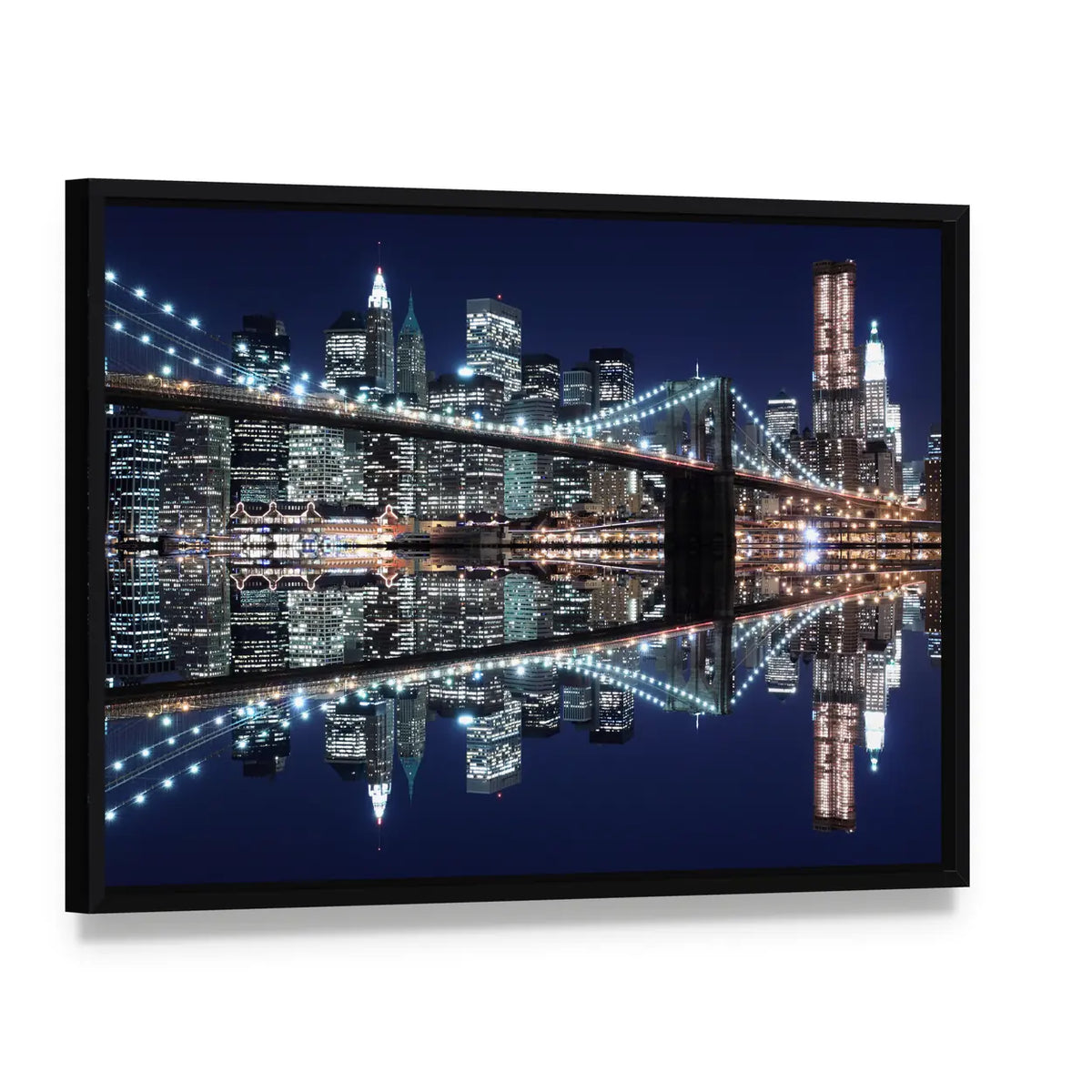 Brooklyn Bridge and Manhattan Skyline Reflection Canvas Wall Art, framed canvas in a black floater frame, angled product view
