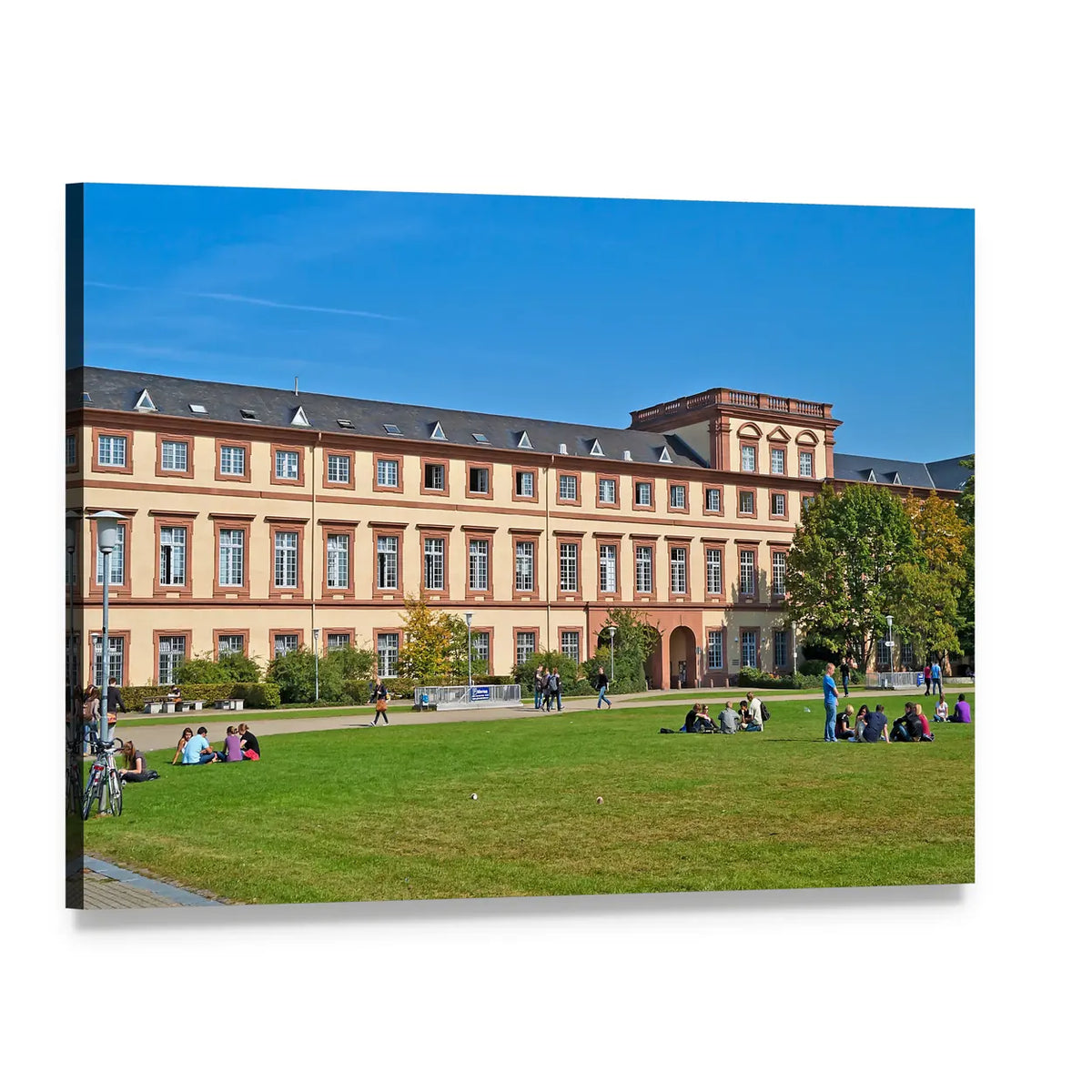 Mannheim University Building on Sunny Lawn Canvas Wall Art, single panel gallery wrapped canvas, angled product view